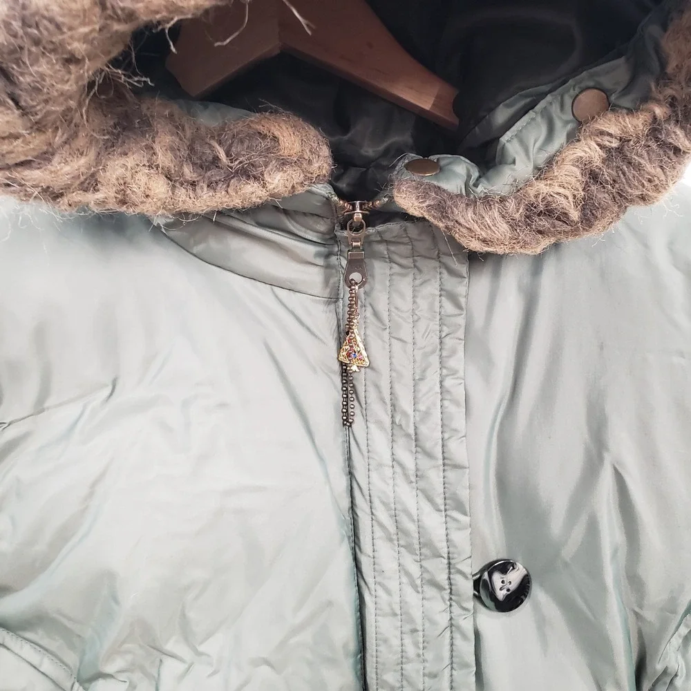 Y2K Fashion Bug Womens Olive Green Down Puffer Jacket Faux Fur Trim Hood 14/16W - Picture 2 of 10